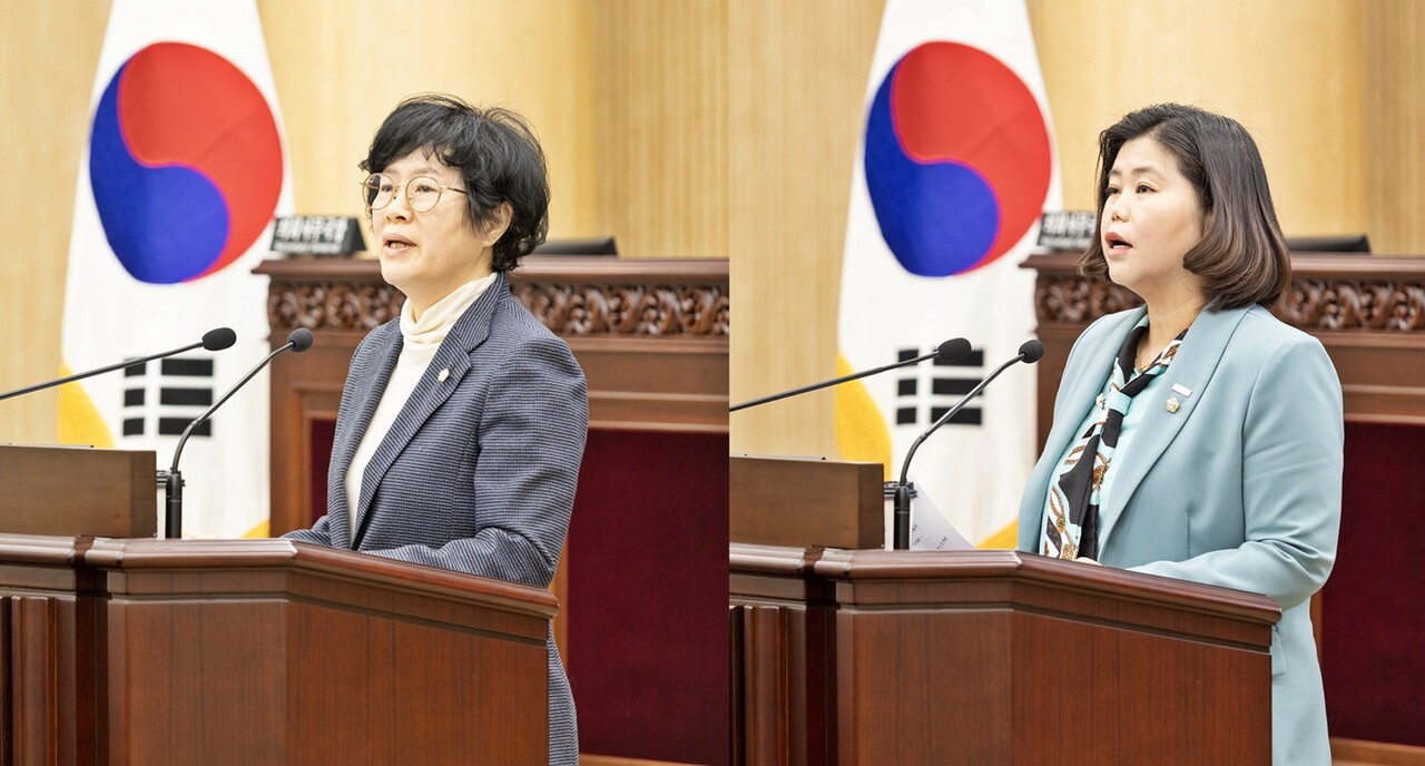(사진 왼쪽)시정질문에 임하고 있는 박은경 의원 (오른쪽)박은정 의원이 5분 자유발언을 하고 있다.